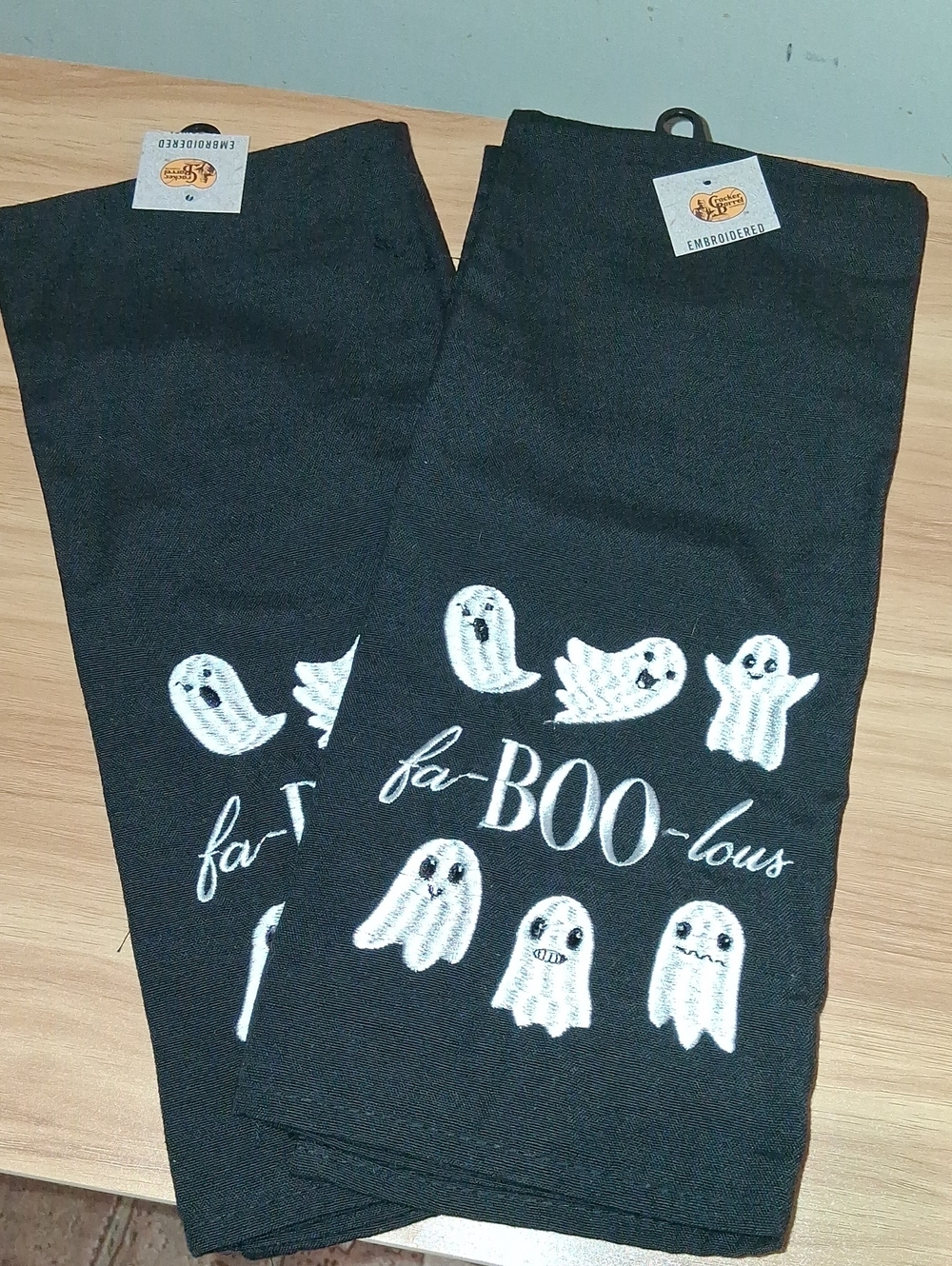 Halloween Set Of Two Black 'fa-BOO-lous' Ghost Embroidered Hand Towels